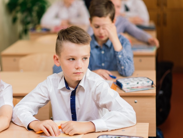 Elementary schoolchildren writing in books in the classroom