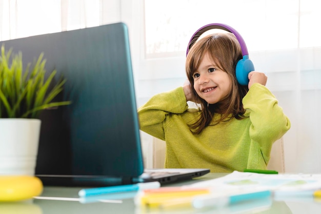 Elementary schooler girl in headphones sitting at desk on laptop Smiling cute girl studying online from home and learning using internet lessons during coronavirus outbreak Homeschooling concept