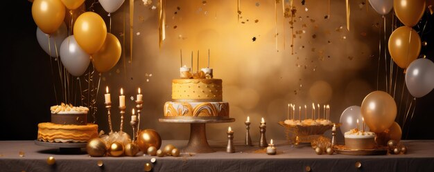 Elements for birthday party and cake gold colors celebration panorama generative ai