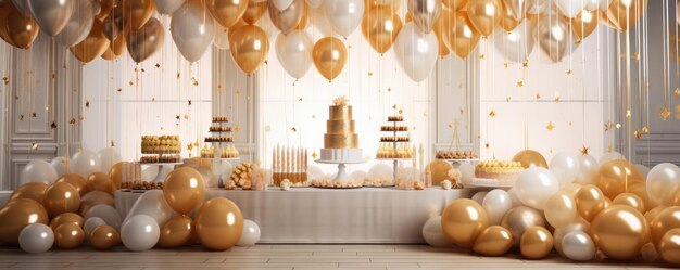 Elements for birthday party and cake gold colors celebration panorama Generative Ai