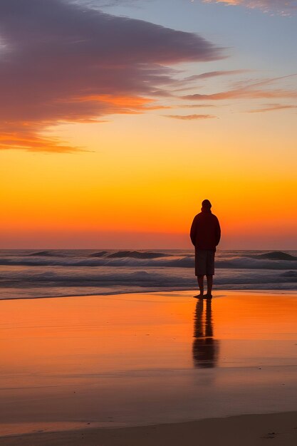 Elements like coconut trees the beach the color scheme orange sunset blue sky