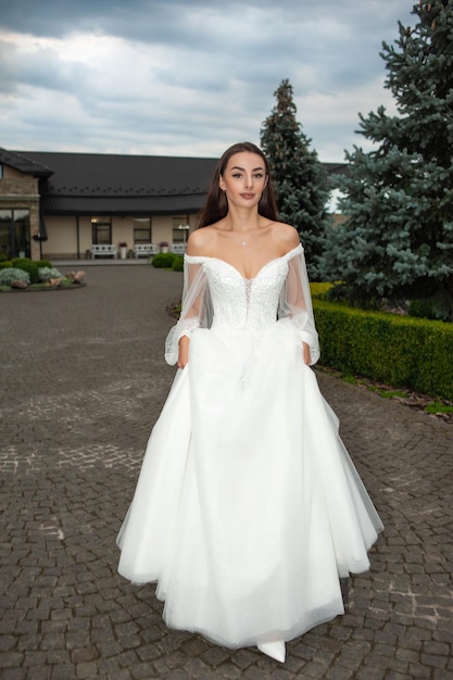 Elements of modern wedding dress on bride