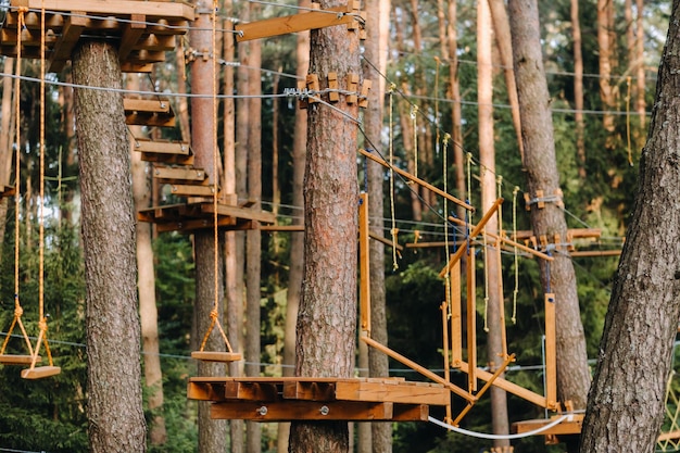 Elements of a rope town in the park An empty rope town in the forest