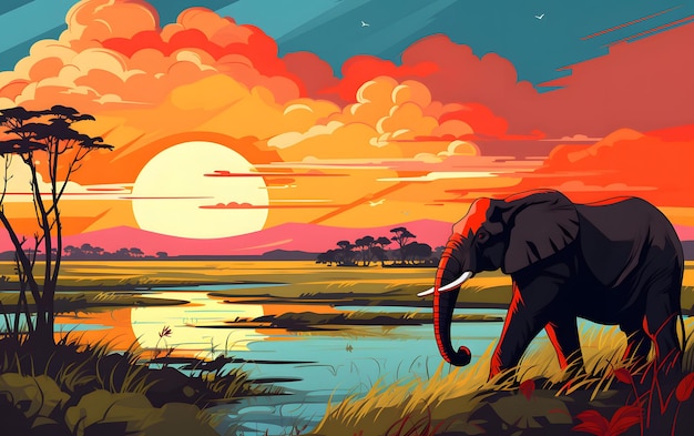 Elephant and the African savana background