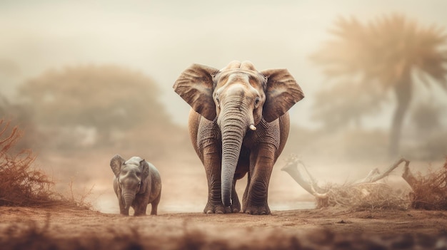 코끼리와 아기 코끼리가 사막을 걷고 있습니다.