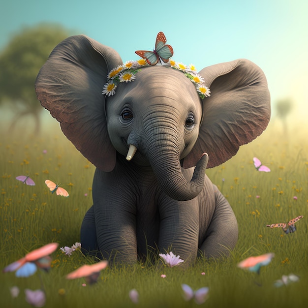 Elephant baby in the meadow with butterflies Generative AI