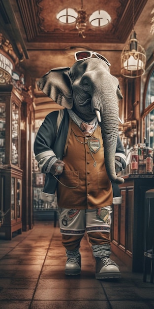 An elephant in a bar with a man wearing a suit