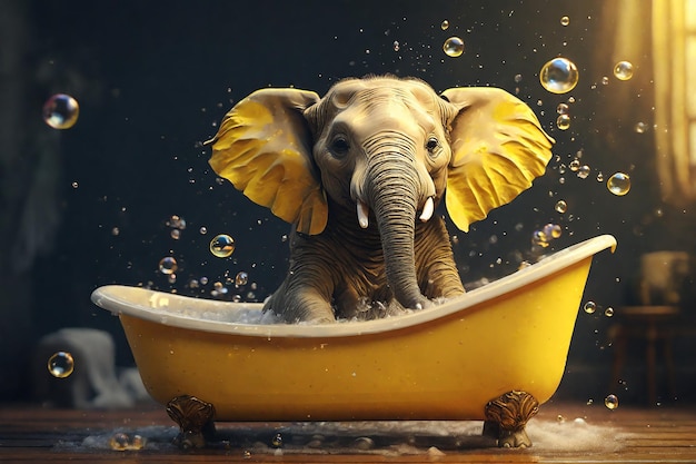 Elephant bathing in bathtub with soap bubbles Photo in vintage style