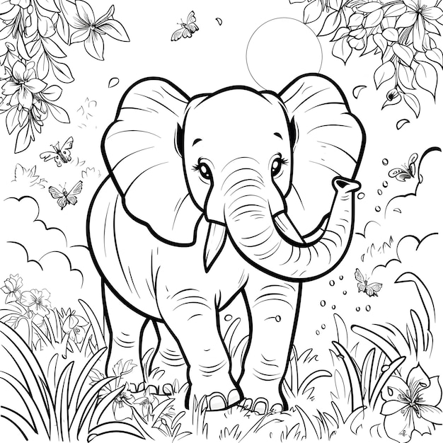 Foto elefante bambini bianchi e neri pagina da colorare generativo ai