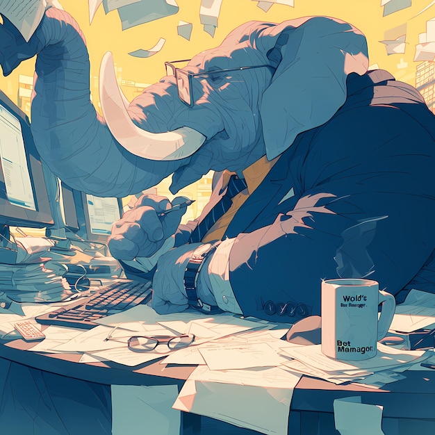 Elephant Businessman Workplace Anime Style