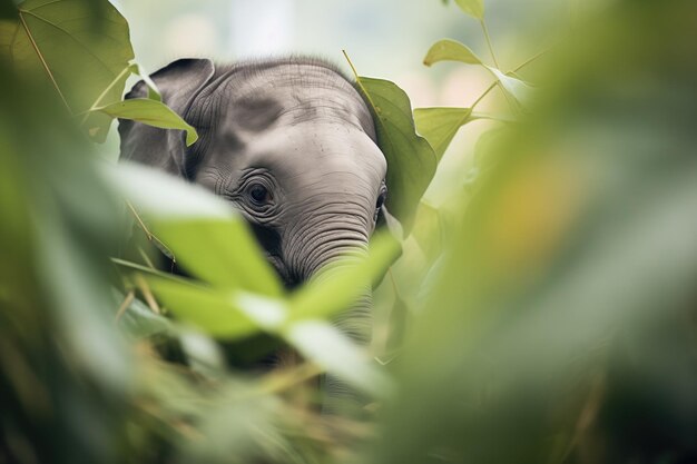 Elephant calf hiding behind jungle foliage