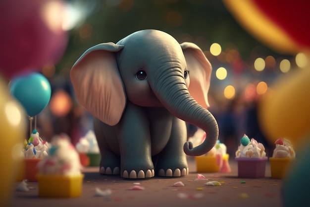 Elephant celebrating with cupcakes and balloons at a party