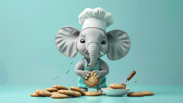 Foto il cuoco elefante in uniforme e cappello tiene un biscotto nel suo bagagliaio è circondato da biscotti rendering 3d