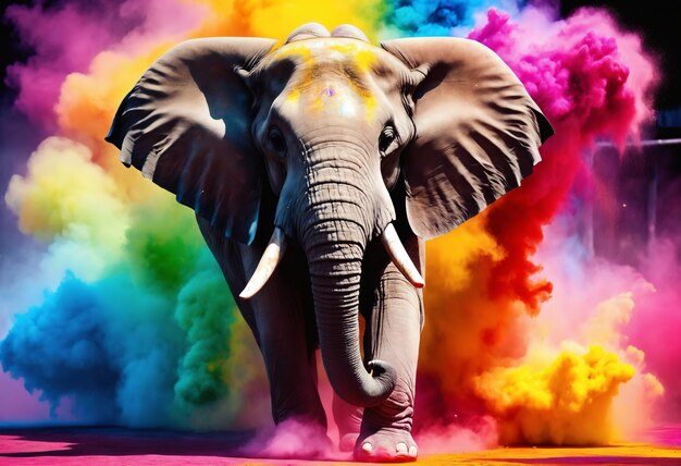 홀리 축제 기간 동안 다채로운 파우더 구름에 있는 코끼리