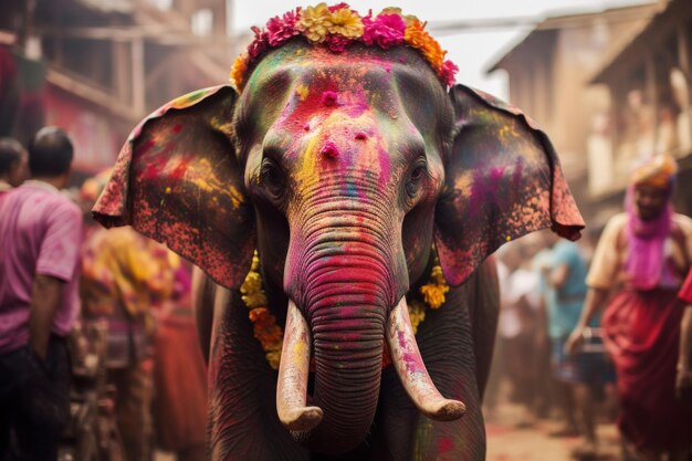 Foto elefante coperto di vernici colorate che cammina per le strade dell'india durante la festa di holi