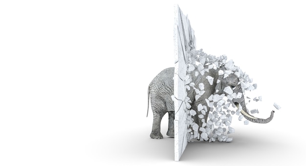 Photo elephant destroying a wall. strength concept. copyspace. 3d render.