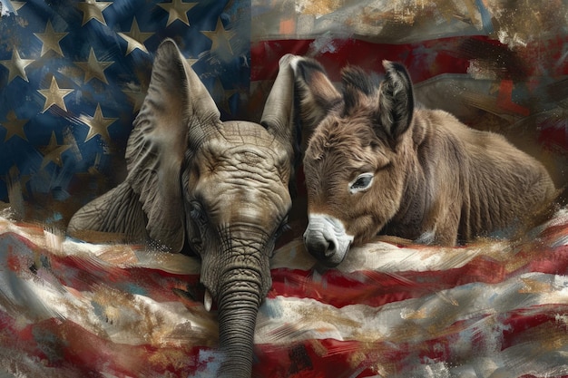 Photo an elephant and donkey against an american flag symbol of republican and democrat political party