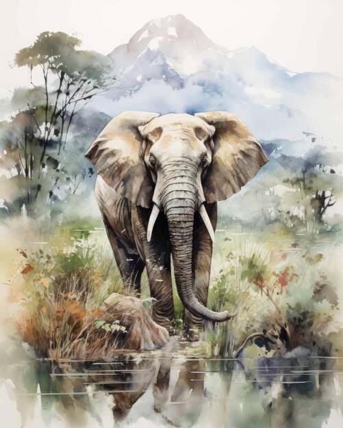 Elephant Double exposure of an elephant and nature mountains trees in watercolor art