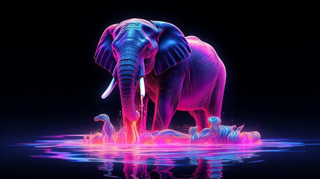 Foto elefante che beve acqua luce al neon illustrazione luminosa immagine ai generata arte