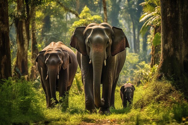 Elephant family grazing in the heart of the jungle