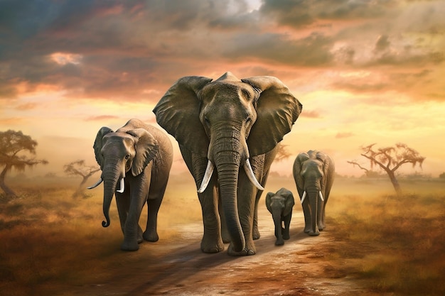 Elephant Family Walking Image Generative AI