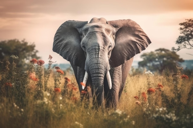 An elephant in a field of flowers