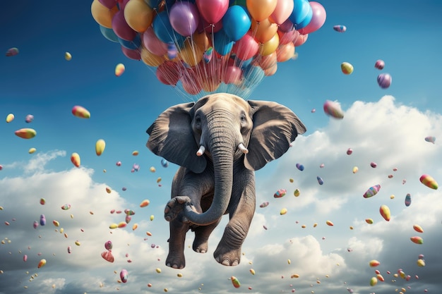 Foto elefante che vola in alto nel cielo con palloncini e confetti media mista elefente che vola con palloncino ai generato