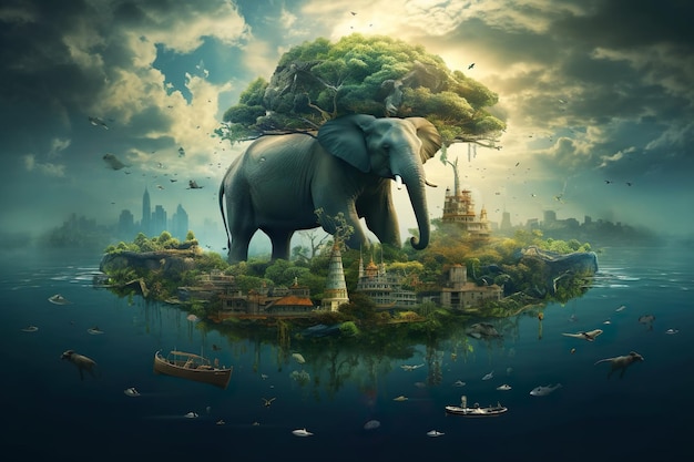 Слон и лес на заднем плане с изображением природы