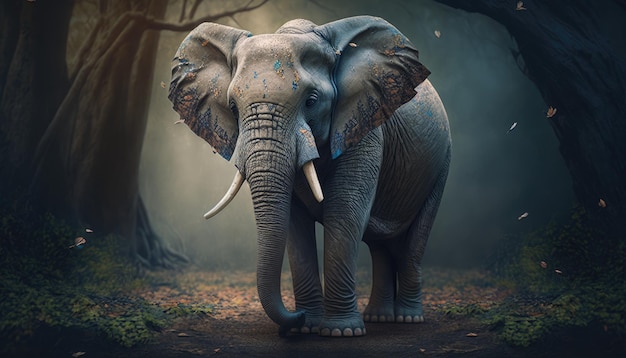 An elephant in the forest with a tree background