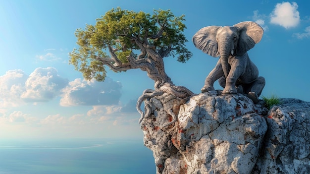 Elephant gently resting atop a sturdy tree panoramic whimsical scene under a vast blue sky AI Generative