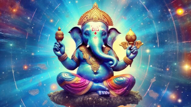 elephant god Ganesha meditates in space