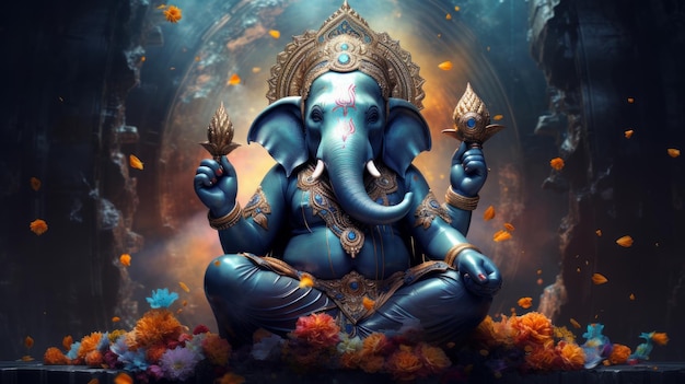 elephant god Ganesha meditates in space