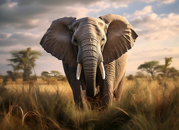 Слон на травяном поле для фотографирования животных