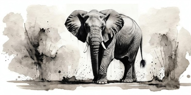 Elephant Hand drawn watercolor illustration Black and white