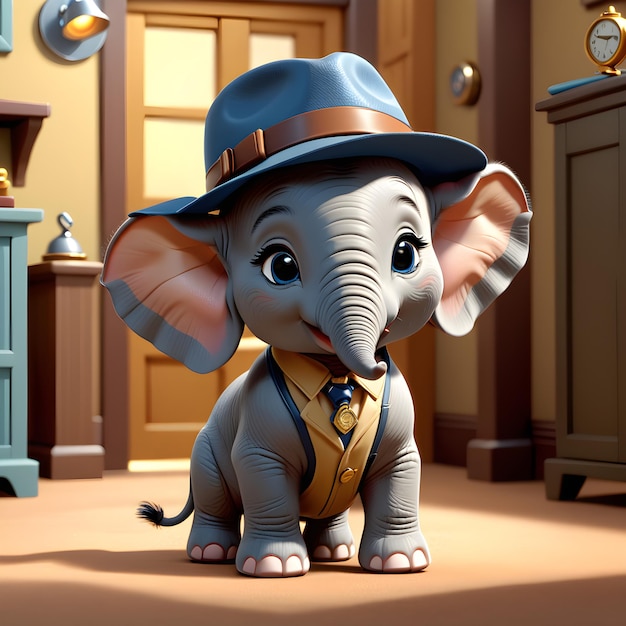 elephant in hat and costume in the room