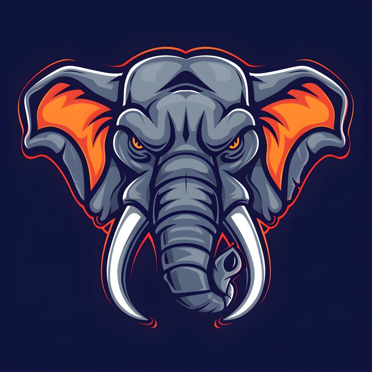 Photo elephant head illustration with glowing eyes and tusks