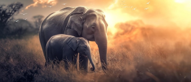 Elephant and her calf in nature Wallpaper