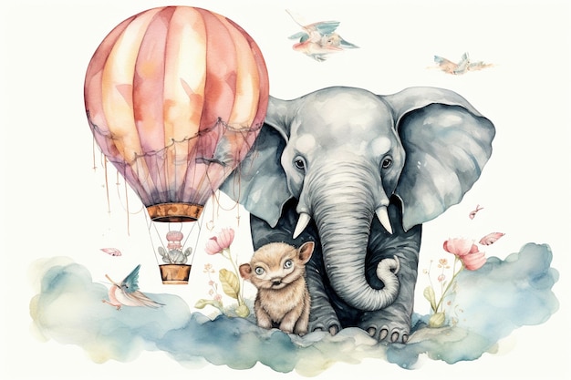 an elephant in a hot air balloon in the style of watercolor illustrations