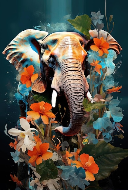 an elephant is being digitalized by green orchid with leaves and branches in the style of light