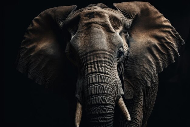 An elephant is depicted against a dark background