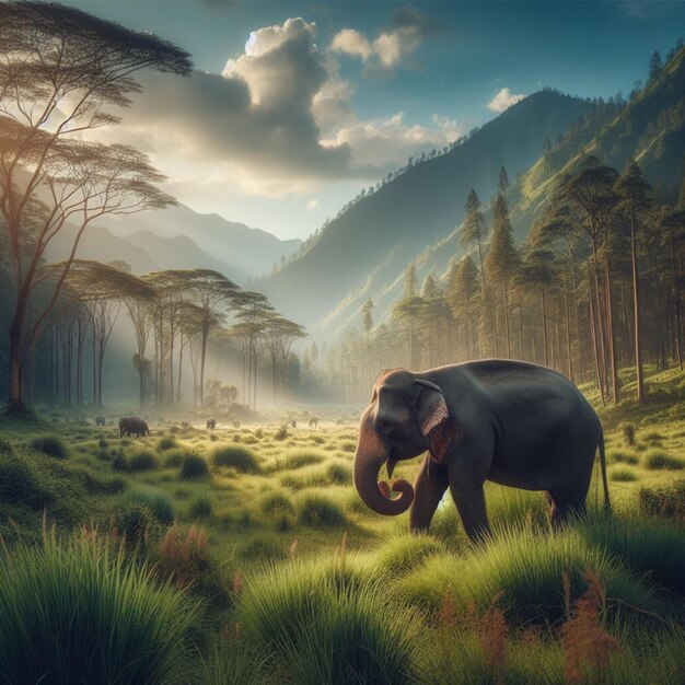 Elephant is eating in a grassland in the a forest