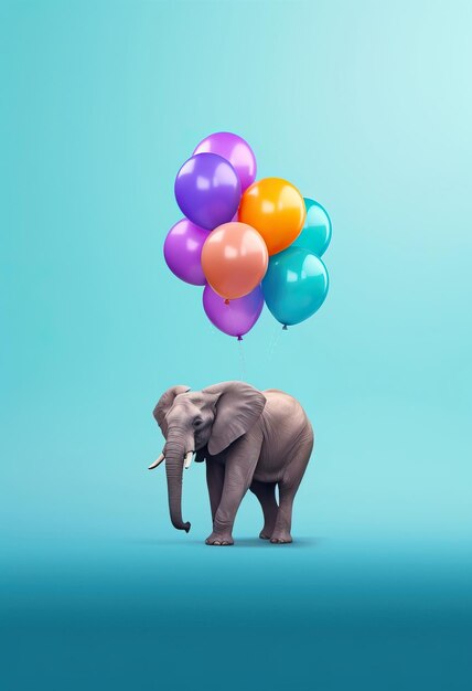 an elephant is floating among two blue and purple balloons