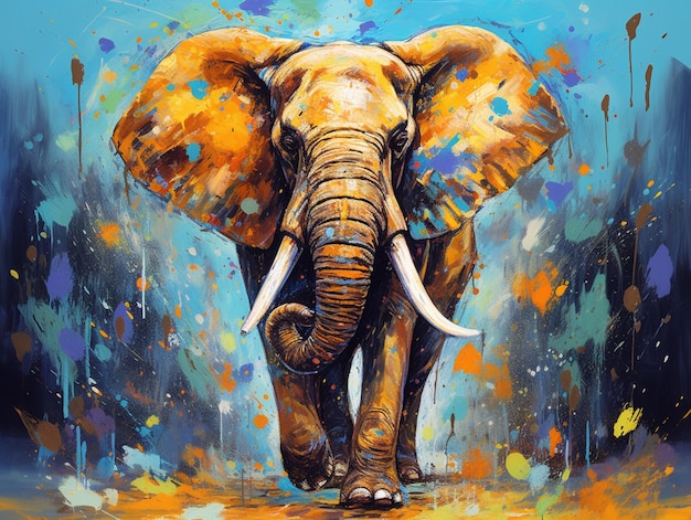 An elephant is painted with paint and has a long tusk.