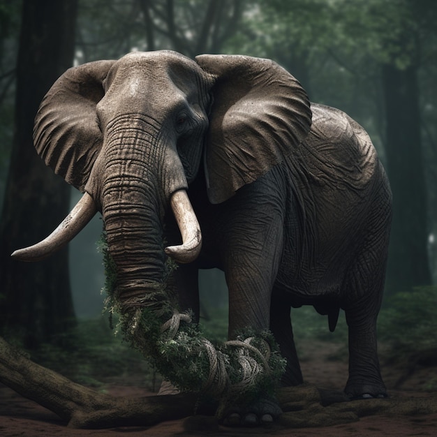 An elephant is standing in a forest with a tree branch in the foreground.