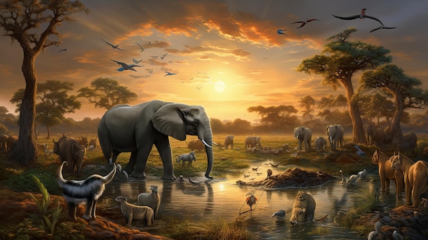 an elephant is standing in a river with a sunset in the background.