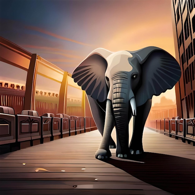 An elephant is walking on a bridge with a building in the background.