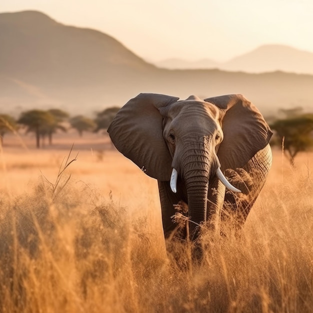 An elephant is walking through a field of tall grass.