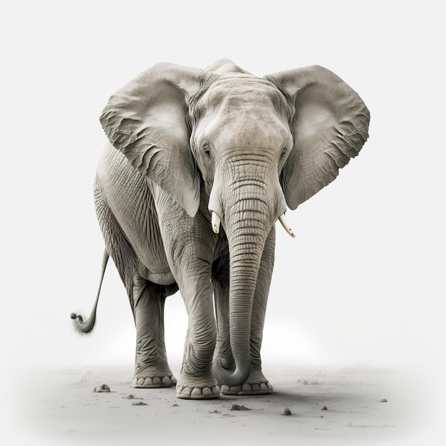 An elephant is walking on a white background.