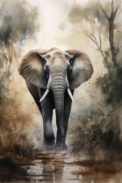 코끼리가 코끼리라는 단어와 함께 숲 속을 걷고 있습니다.