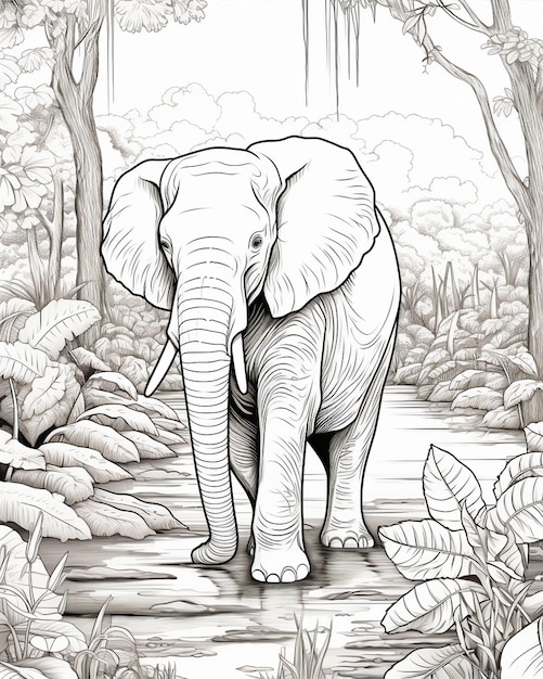 Elephant in Jungle Coloring Page